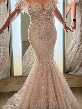 Mac Duggal Pink Off-the-Shoulder Embellished Lace Feather Gown
